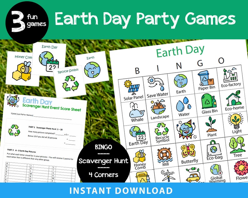 3 Earth Day Party Games, Earth Day Bingo, Earth Day Scavenger Hunt, Four Corner Game, Printable Earth Day Ideas, Instant Download image 1