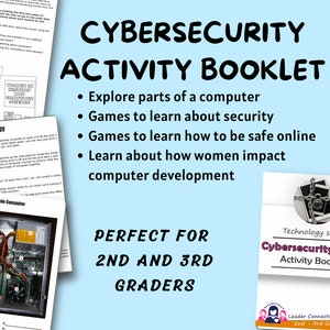 Könnte beinhalten: Ein blaues und weißes druckbares Aktivitätsheft für die 2. und 3. Klasse zum Thema Cybersicherheit. Das Heft enthält Aktivitäten, um Teile eines Computers zu erkunden, mehr über Sicherheit zu lernen, online sicher zu bleiben und mehr über den Einfluss von Frauen auf die Entwicklung von Computern zu erfahren. Das Cover zeigt einen Computer mit Ketten und einem Vorhängeschloss.
