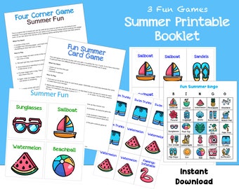 Summer Bingo, Card and 4 Corner Game Activity Booklet, Printable booklet, printable for kids, summer theme, summer games