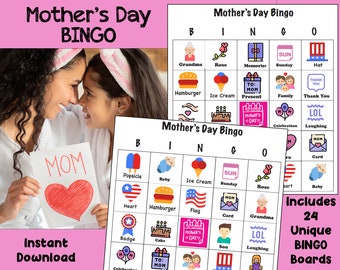 Mother's Day Bingo Game, Mother's Day Printable, Mother's Day Family Game, Instant Download, Set of 24 Cards, Mother's Day  Bingo Activity