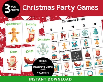 3 Christmas Party Games | Christmas Bingo | Four Corner Game | Christmas Party Game | Printable Christmas Ideas |  Instant Download