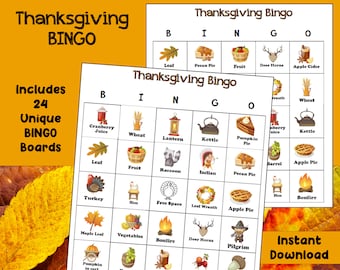 Thanksgiving Bingo Game, Thanksgiving Printable, Thanksgiving Family Game, Instant Download, Set of 24 Cards, Be Thankful Activity