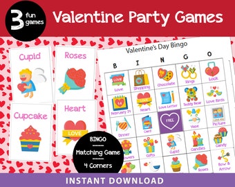 3 Valentine's Day Party Games | Valentine's Bingo | Four Corner Game | Valentine Party Game | Printable Valentine Ideas |  Instant Download