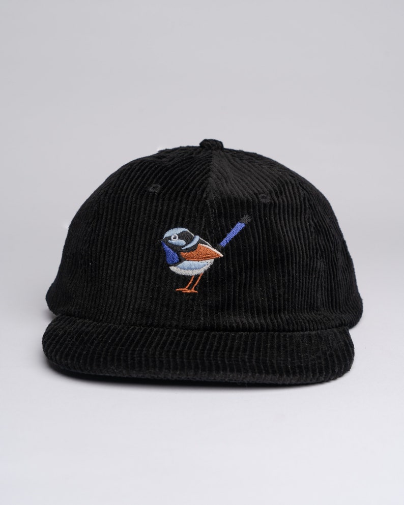 The Fairywren Corduroy 6 Panel Hat Dad Hat Cap Vintage 90s Snapback Flat Cap Gift for him Gift for her Personalized gift Black