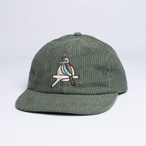 The Kookaburra Corduroy 6 Panel Hat Dad Hat Cap Vintage 90s Flat Cap Gift for him Gift for her Personalized gifts australian birds Forest Green