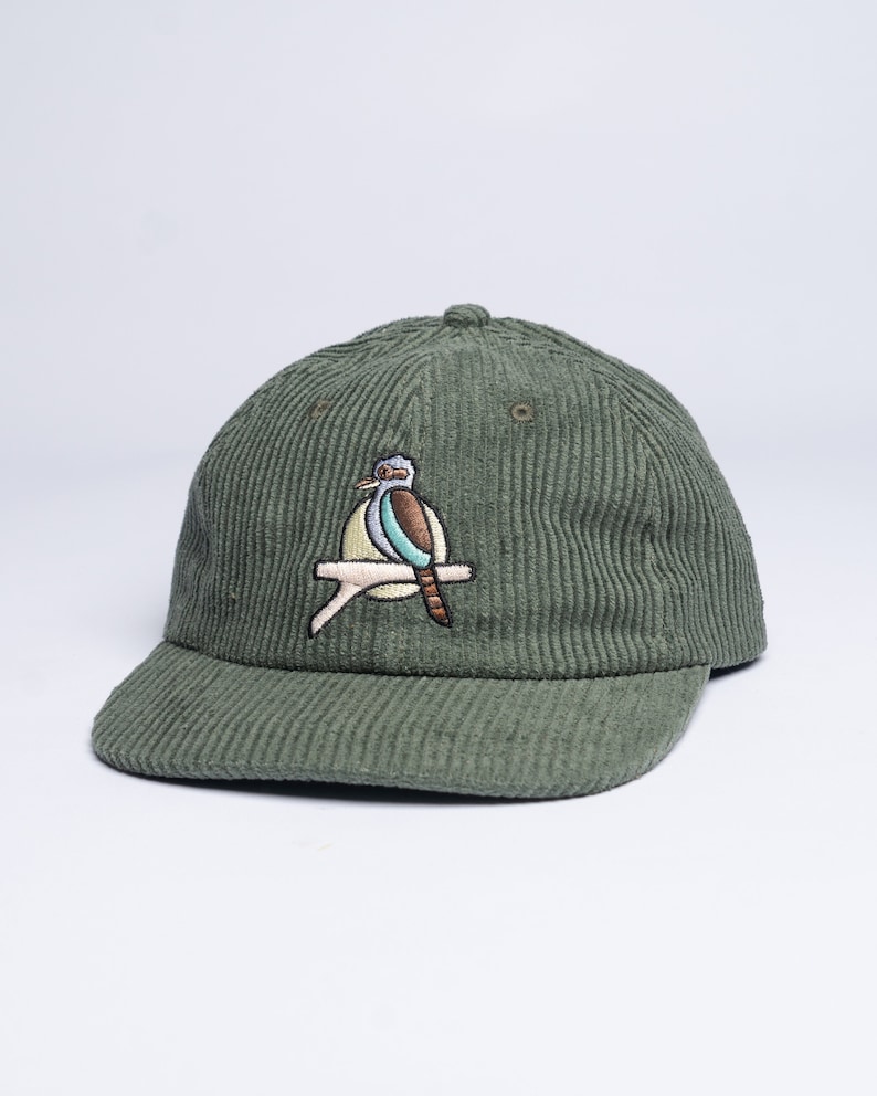 The Kookaburra Corduroy 6 Panel Hat Dad Hat Cap Vintage 90s Flat Cap Gift for him Gift for her Personalized gifts australian birds Forest Green