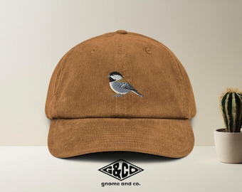 Embroidered Chickadee Corduroy Hat, Bird Lover Gift