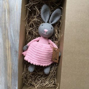 May include: A gray crocheted bunny wearing a pink crocheted dress is sitting in a brown cardboard box filled with shredded paper.