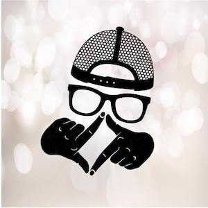 May include: Black and white silhouette of a person wearing a black mesh baseball cap, glasses, and making a frame with their hands.
