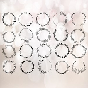 Puede incluir: Conjunto de 20 coronas florales en blanco y negro, perfectas para añadir un toque de elegancia a tus diseños. Cada corona presenta un patrón floral único, con delicadas hojas y flores.