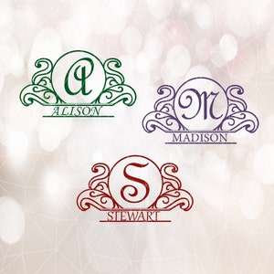 May include: Three monogrammed designs with decorative swirls and a name below each. The first design is green with the letter "A" and the name "Alison". The second design is purple with the letters "M" and "R" and the name "Madison". The third design is red with the letter "S" and the name "Stewart".