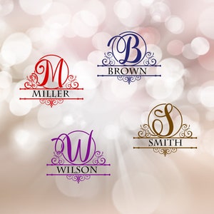 May include: Four monogrammed split circle designs with decorative flourishes. The designs feature the letters M, B, W, and S, with the last names Miller, Brown, Wilson, and Smith written below each letter.
