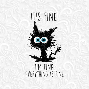 Puede incluir: Un gato negro con grandes ojos azules y un contorno desordenado y puntiagudo. El gato mira hacia la derecha y tiene una expresión ligeramente sorprendida. El texto "It's fine" está por encima del gato y el texto "I'm fine everything is fine" está por debajo del gato.
