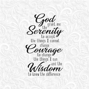 Oración de serenidad (SVG, PNG, EPS, DXF). Frase religiosa - Impresión para camisetas, diseño de arte mural. Dios, concédeme la serenidad para aceptar las cosas (SVG).