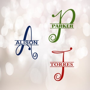 May include: Three split monogram designs with a decorative flourish. The first design is a blue "A" with the name "ALISON" in a white rectangle. The second design is a green "P" with the name "PARKER" in a white rectangle. The third design is a red "J" with the name "TORRES" in a white rectangle.