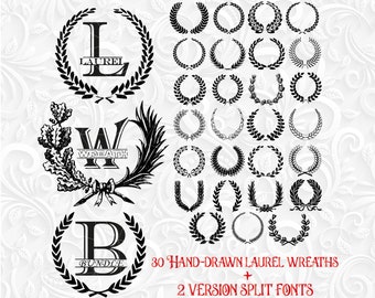 Laurel wreath bundle svg. 30 hand-drawn laurel wreaths bundle and two version of split fonts in svg, png, eps, dxf. Monogram wreath bundle