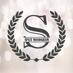May include: Black and white graphic of the letter S with a banner that reads "SPLIT MONOGRAM" and a laurel wreath around the letter.