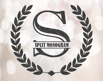 Wreath Split Monogram SVG, digital monogram template, laurel Wreath Split Monogram Alphabet, digital letters monogram, split alphabet eps.