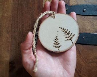 Wood Burned Fern Birch Ornament