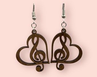 Handcrafted Treble Clef in Heart Earrings - Laser Cut Design, Stainless Steel hooks - Choose Your Style: Natural Walnut or Metallic Berry