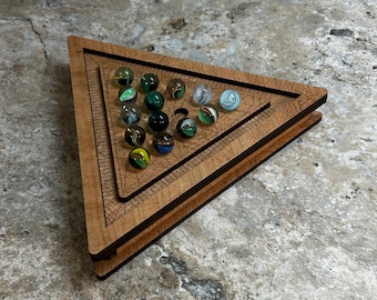 Triangle Solitaire Game – Wooden Marble Puzzle with Storage Box Lid – Handmade Brain Teaser Gift
