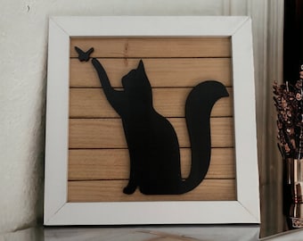 Kitty Cat Wall Decor - Custom Cat Wall Sign for Decoration, Shiplap Backer with White Frame, Gift for a cat lover