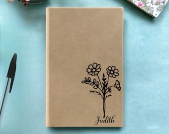 Personalized Birth Flower Journal: Engraved Leatherette Notebook