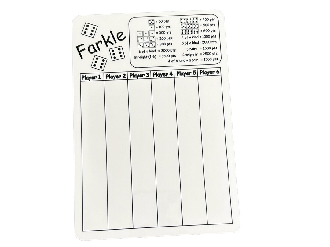 Dry Erase Scorecard for Farkle Dice Game, White Dry Erase Board or