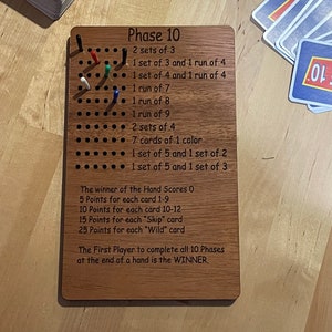Phase 10 Game Board 6 Player - Custom Made - FREE Personalization Available - Maple, Walnut, Cherry or Mahogany