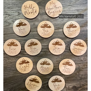 Baby Monthly Milestone Markers, Photo Props, Mountain, My Adventure Begins, Hello World, 1 month to 1 Year, gift for baby boy, for baby girl