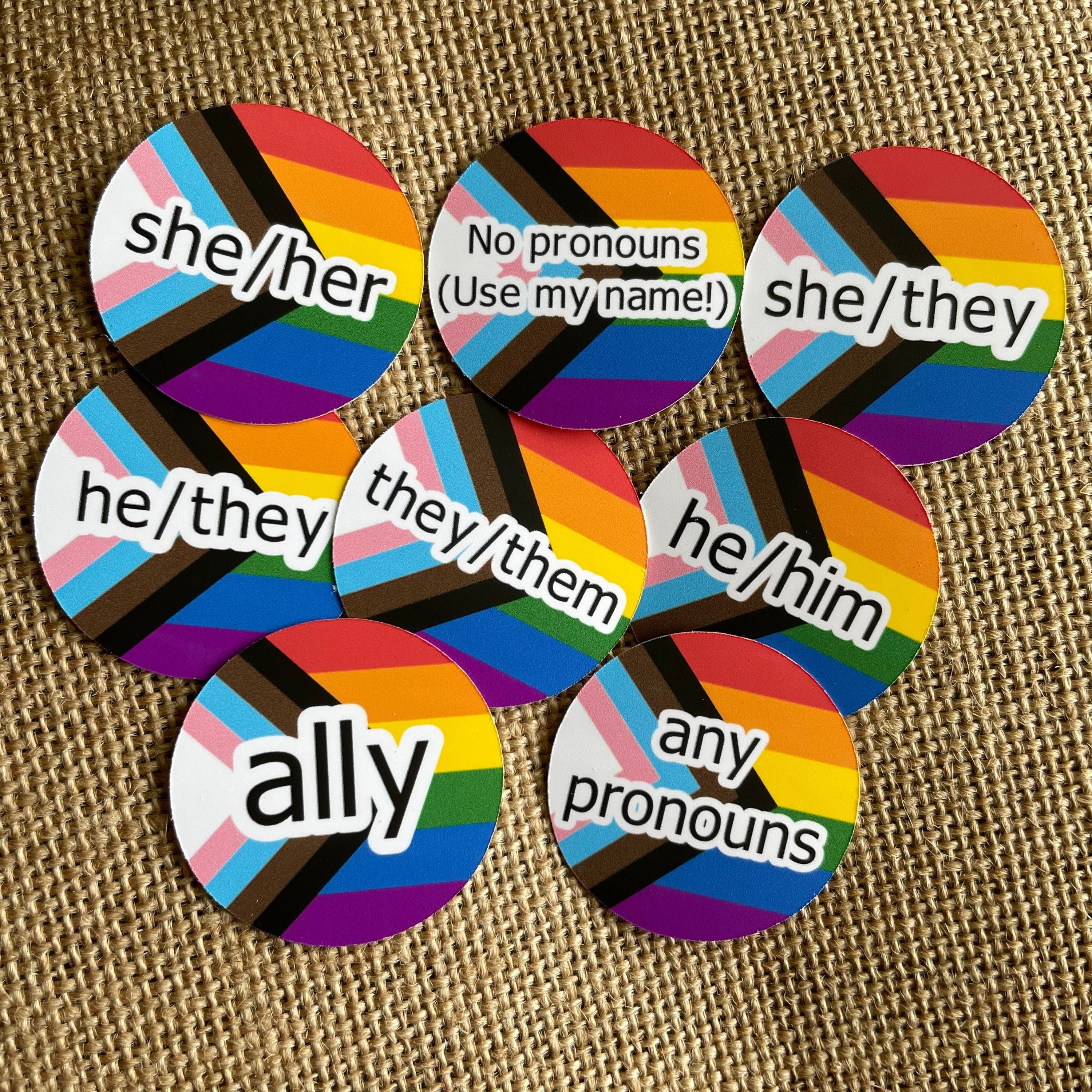 Pronoun Sticker, Ally Sticker, LGBTQ Sticker, Progress Pride Flag, Pr…