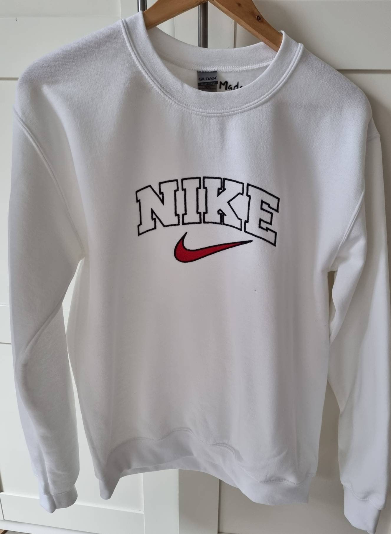 Soft and comfy white jumper Nike inspired embroidery design EU | Etsy