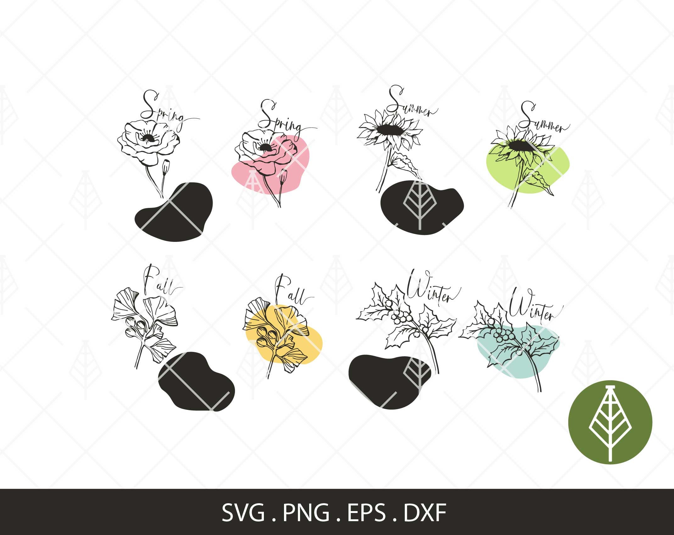 4 Season Floral SVG Bundle, Spring Summer Fall Winter Decor, Flower ...