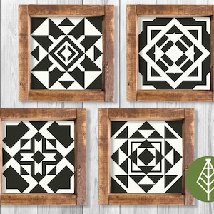 May include: Four framed black and white geometric designs with a wood frame. The designs are all different but have a similar style.