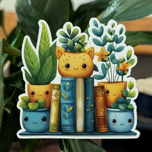 May include: A sticker featuring a bookshelf with five books, each with a different colored spine. There are three potted plants with cute faces on the bookshelf. The plants are a succulent, a leafy plant, and a fern. The sticker is on a white background.