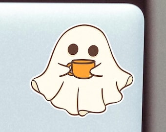 Coffee Ghost Vinyl Sticker - spooky season, funny sticker, Halloween sticker, ghost. Water Resistant