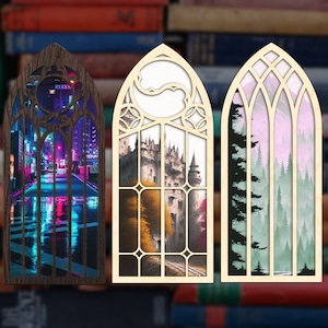 Bookshelf Fantasy Windows, Book Nook, Bookshelf Insert, Changeable inserts, light or dark wood, Pick a Combo, Bookish Gift, Book Lovers