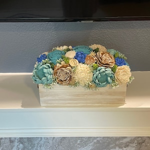 14” L x 7.5” H, 6.5” D Turquoise Sola Wood Flowers Arrangement, Farmhouse Sola Wood Flowers Table Decor In Wood Box