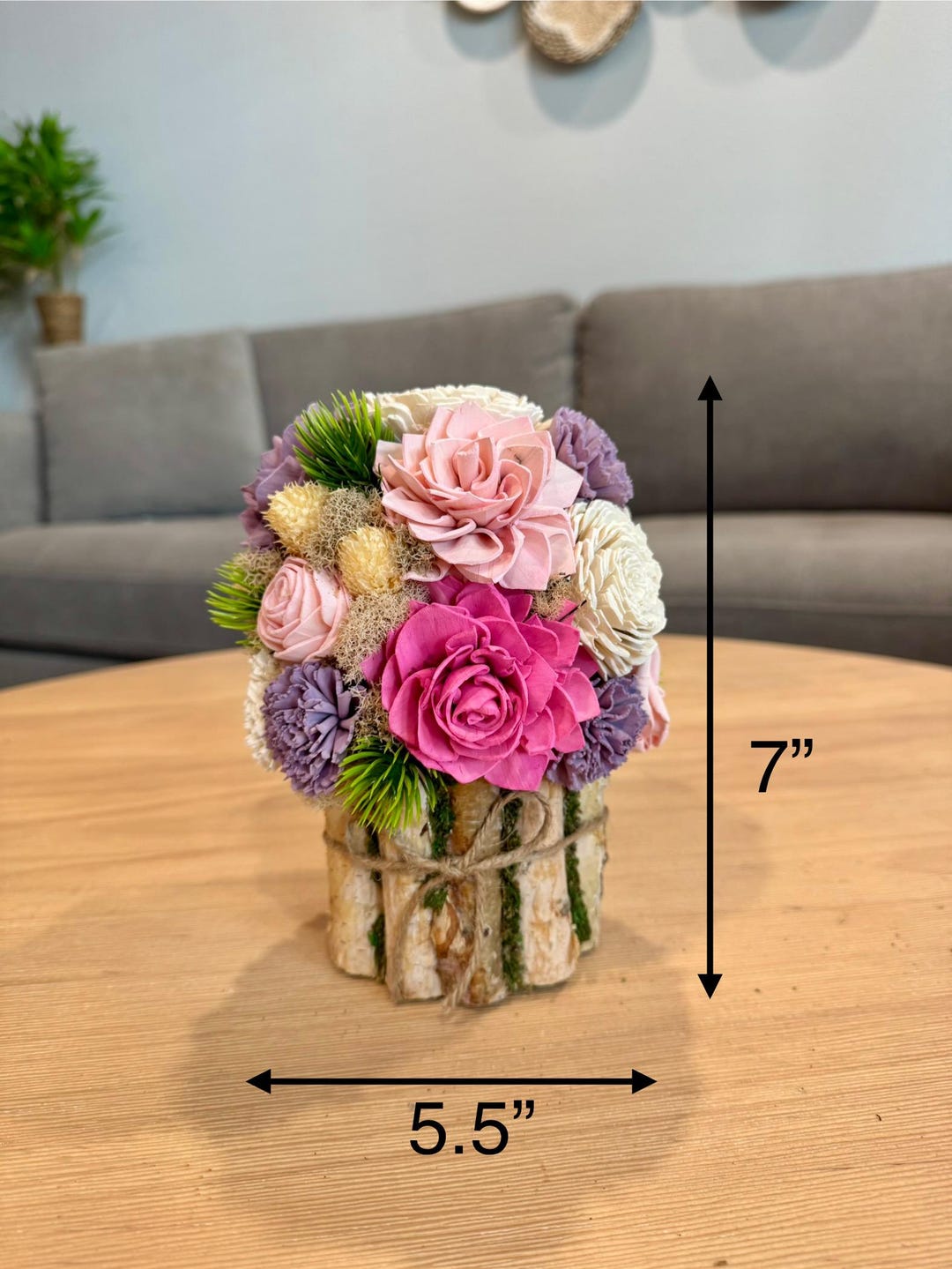 Handmade Bonsai Tree With Sola Flower Arrangement on Wooden Base