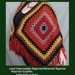 May include: A crochet shawl featuring a diamond-shaped granny square pattern in shades of red, orange, yellow, brown, and black. The shawl has long red fringe along the bottom edge. Text reads: Thyme Shawl Crochet Pattern, Level Intermediate Beginner/Advanced Beginner, Required Supplies: 6.5mm hook (or larger), About 1,600 yards of weight 4 yarn, Scissors, Tapestry Needle, Stitch Markers *Optional but recommended*.