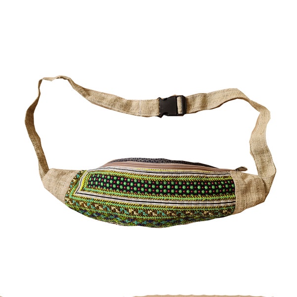 Handmade Natural Hemp Embroidered fabric Fanny Pack, Hemp Waist Utility Belt, Hemp money bag-Hippie Money Belt Hiking Bag