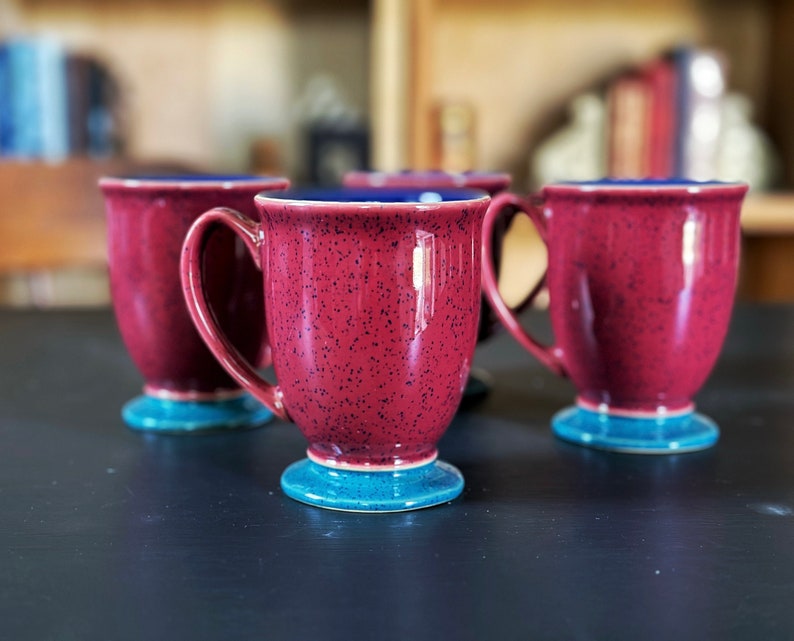 2 Denbylangley Harlequin Red Stoneware Footed Coffee Mugs Beautiful