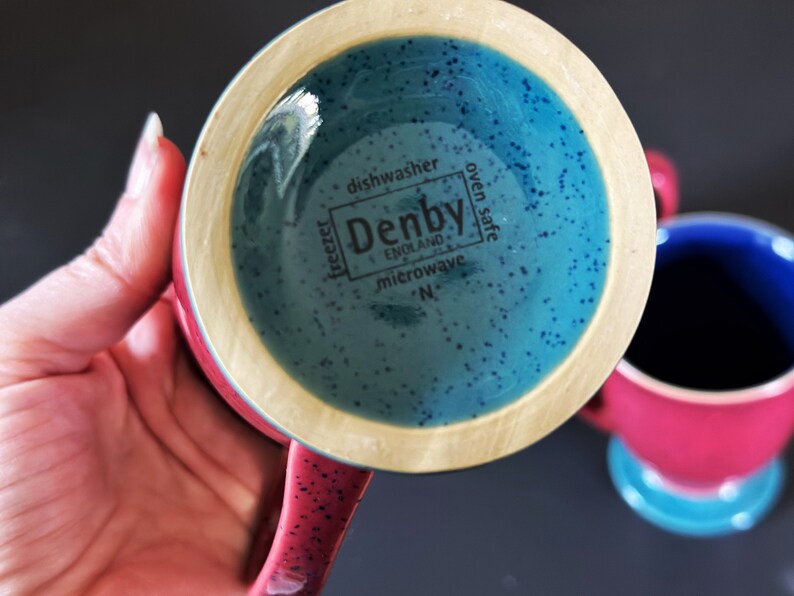 2 Denbylangley Harlequin Red Stoneware Footed Coffee Mugs Beautiful