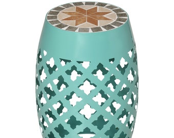 Charming 12" Patio Round Side Table: Versatile Outdoor Accent in Beautiful Blue Mosaic Design Steel