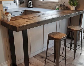 Chunky Rustic Breakfast Bar, 44cm Depth, High Dining Table, Bistro, 65mm Rustic Timber, Black Industrial Rectangular Leg