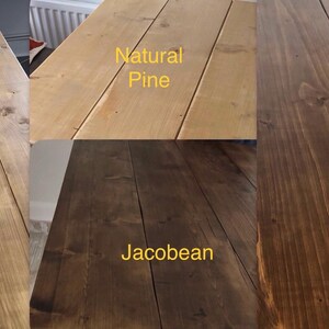 May include: Close-up of four wooden surfaces with different finishes. The finishes are labeled: Stripped Pine, Natural Pine, Jacobean, and Rugger Brown. The wood grain is visible in each sample, showcasing the natural texture and color variations.