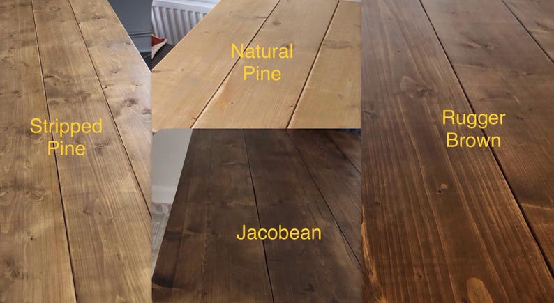 May include: Close-up of four wooden surfaces with different finishes. The finishes are labeled: Stripped Pine, Natural Pine, Jacobean, and Rugger Brown. The wood grain is visible in each sample, showcasing the natural texture and color variations.
