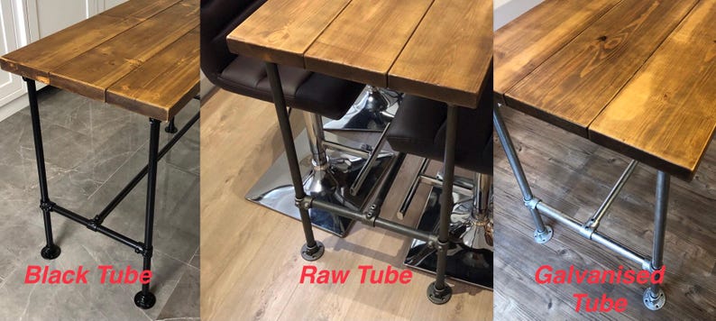 May include: Three wooden tables with different metal leg designs. The table tops are made of stained wood. The legs are made of black, raw, and galvanized metal tubes. The tables are suitable for various interior settings.