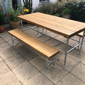 Rustic Timber Outdoor Dining Table and Benches, Industrial Steel Legs