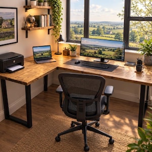 May include: An L-shaped wooden desk with black metal legs, a black office chair, a laptop, a wide monitor, a keyboard, a mouse, a printer, and wall-mounted shelves. The setup is positioned in a room with a large window overlooking a landscape.